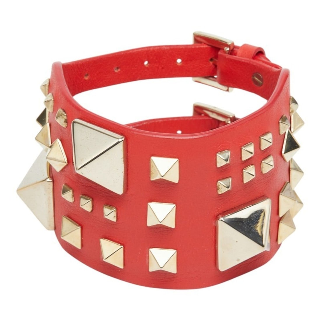 Valentino Rockstud Bracelet, Red Gold Leather Plated, Women's.: --- Catalog ---Category: SizeWidth: 5cm / 1.96''Length: 19cm / 7.48''Total Length: 23.5cm / 9.25''Category: DesignType: Charm braceletColor: Gold, Red colorGender: WomenMaterial: LeatherCategory: Gene