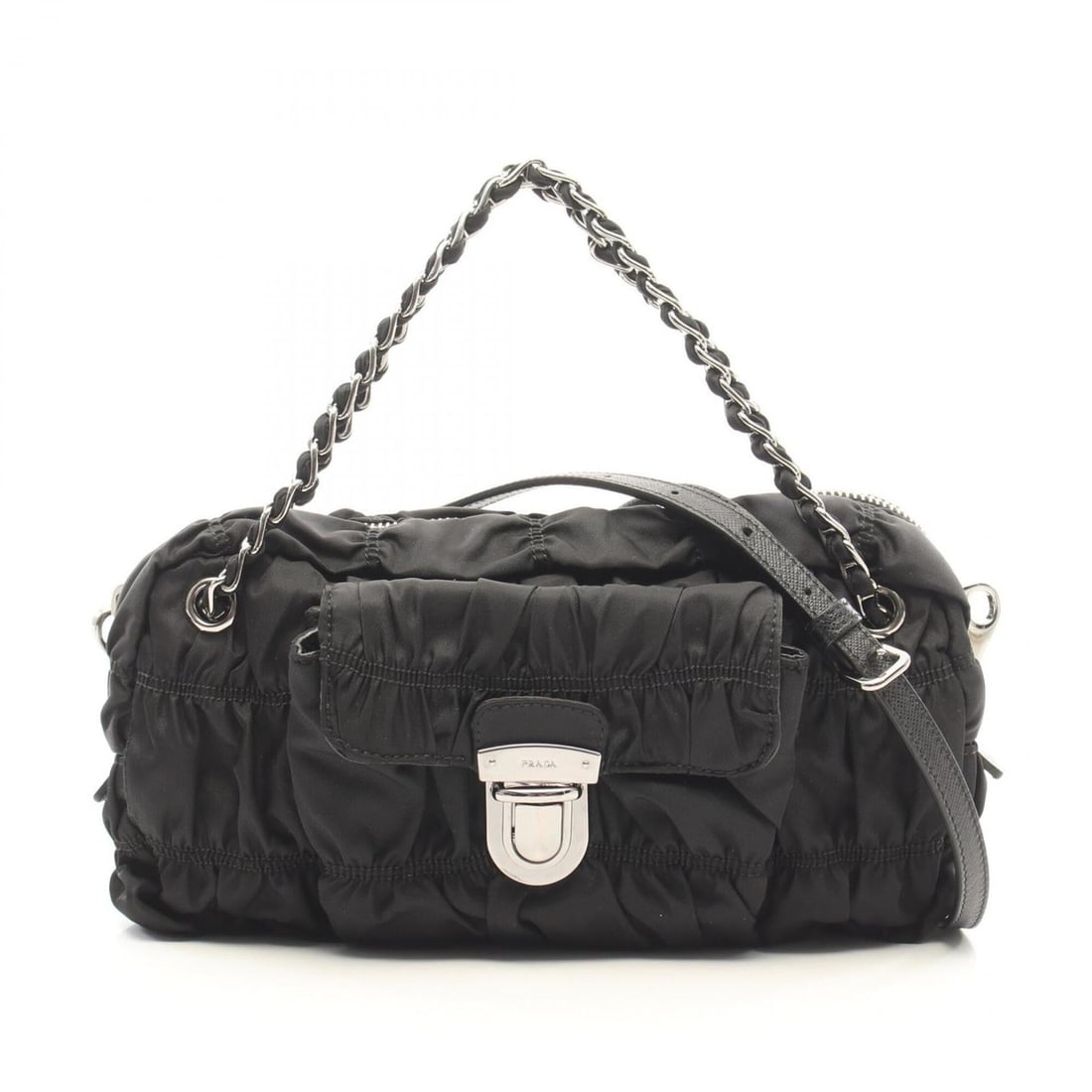 Prada TESSUTO GAUFRE' Gathered 2-Way Handbag, Nylon & Saffiano Leather, Women's, Black (BN2017): --- Catalog ---Category: SizeSize (HxWxD): 13cm x 24cm x 7cm / 5.11'' x 9.44'' x 2.75''Category: DesignType: HandbagColor: BlackGender: WomenMaterial: Nylon , Leather Leather/Fur Type: Saffiano leathe