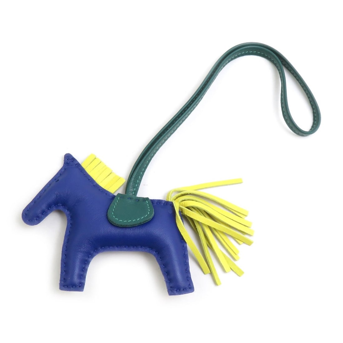 Hermes Rodeo PM charm in Agneau Milo leather, available navy, yellow, and green. (e62211k): --- Catalog ---Category: SizeSize (HxWxD): 225.00mm x 115.00mm / 8.86'' x 4.53''Category: DesignType: Handbag charmColor: Green, Navy, YellowGender: WomenMaterial: Agneau MiloCategory: GeneralBrand: H