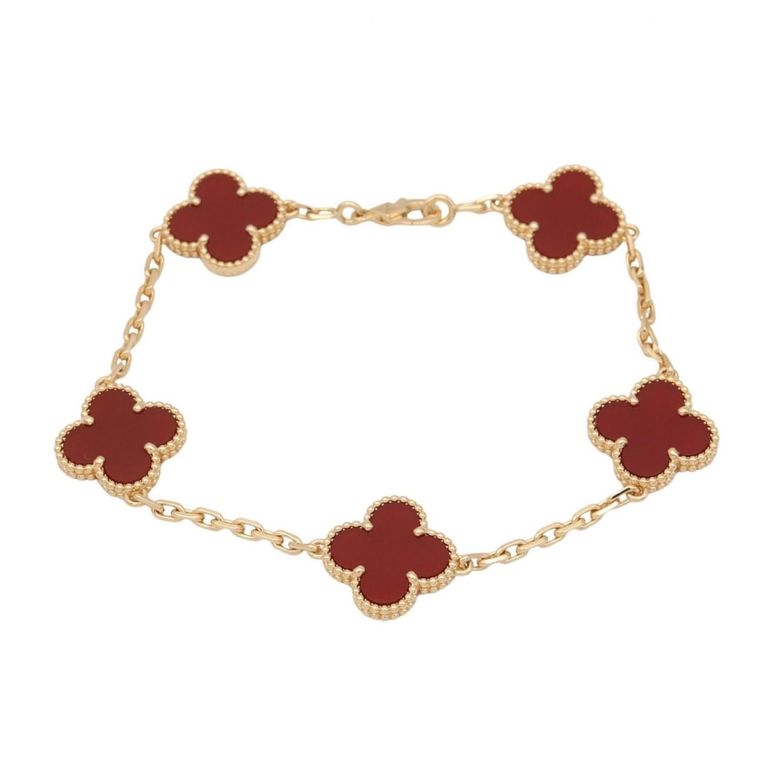Van Cleef & Arpels Vintage Alhambra Carnelian 5-Piece Bracelet, 18K (Yellow Gold), Carnelian,: --- Catalog ---Category: SizeLength: 17.5cm / 6.88''Category: DesignType: Charm braceletColor: Gold, Red colorGender: WomenMaterial: Yellow gold (18K)Category: GeneralMPN: VCARD35500Brand: Van Cleef &