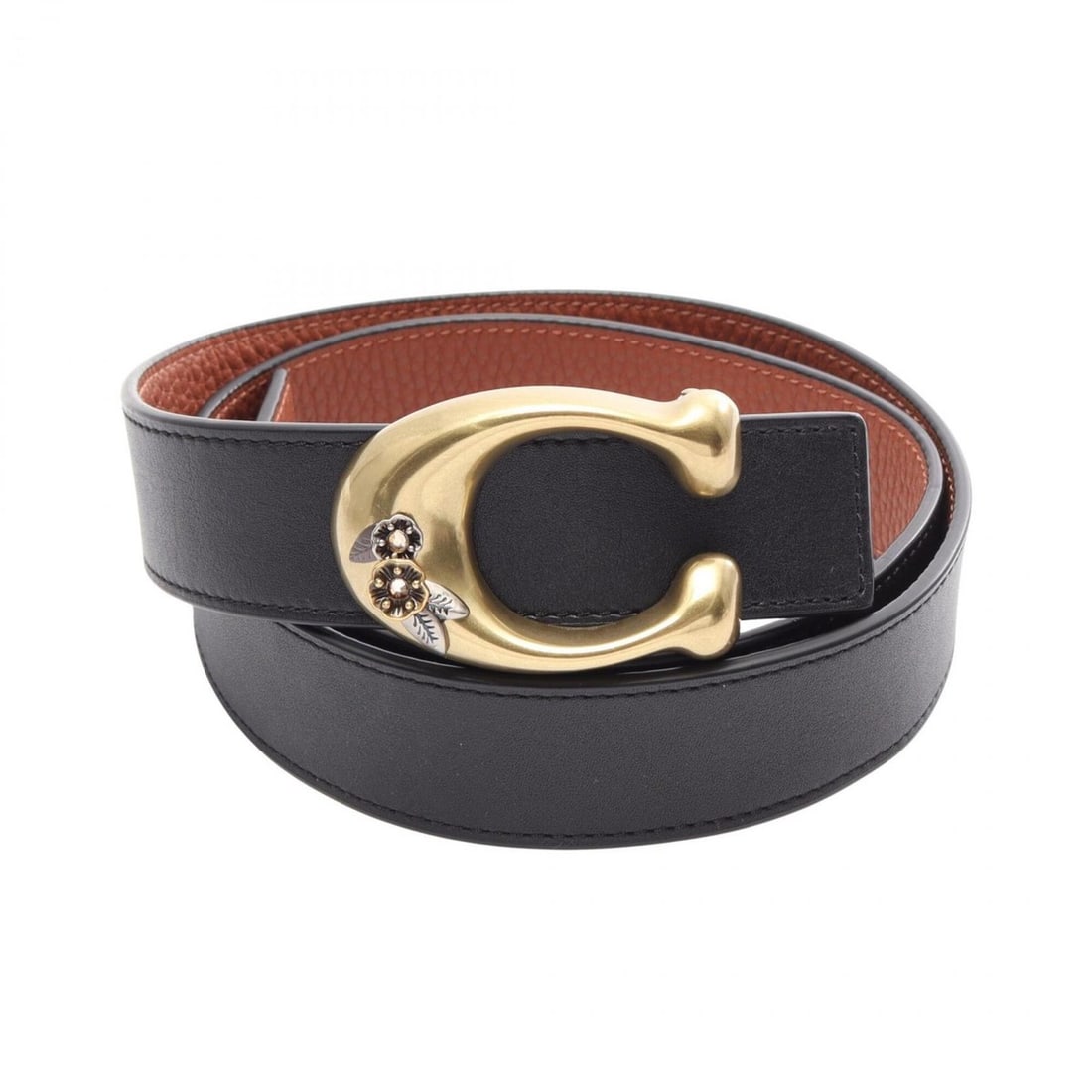 Coach Tea Rose Signature Buckle Reversible Leather Belt for Women (Black/Brown): --- Catalog ---Category: SizeLength: 76cm - 86cm / 29.92'' - 33.85''Category: DesignType: Standard beltColor: Black, BrownGender: WomenMaterial (Strap): Leather Category: GeneralBrand: Coach--- Item L