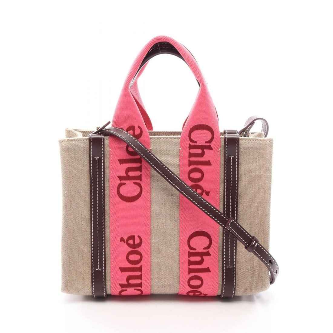 Chloé Chloe Woody Small 2-Way Tote Bag/Handbag, Canvas and Leather, Women's, Beige, Pink, Brown,: --- Catalog ---Category: SizeSize (HxWxD): 20cm x 26cm x 8cm / 7.87'' x 10.23'' x 3.14''Category: DesignType: Handbag, Tote bagColor: Beige, Brown, PinkGender: WomenMaterial: Canvas , Leather Category