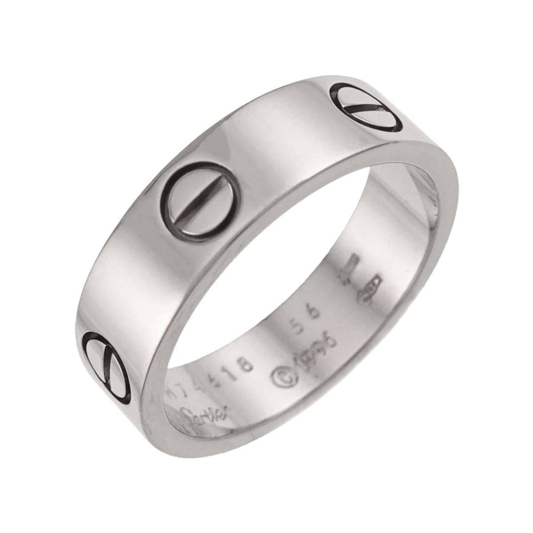 Cartier Love Ring #56, 18K WG (White Gold 750): --- Catalog ---Category: SizeUS Size: 8Brand Size: 56Category: DesignType: Band ringGender: WomenMaterial: White gold (18K)Category: GeneralBrand: Cartier--- Item List ---Section: ConditionRanking: Ra