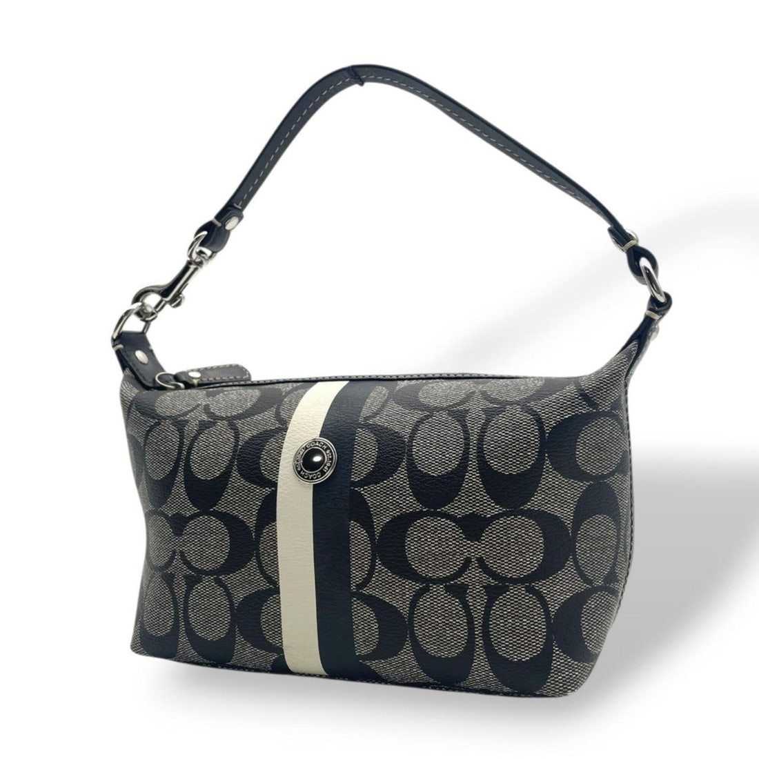 COACH Heritage Signature Stripe Small Handle Pouch Leather Grey Black Handbag Women's S20: --- Catalog ---Category: SizeSize (HxWxD): 11cm x 22cm x 10cm / 4.33'' x 8.66'' x 3.93''Category: DesignType: Handbag, PouchColor: Black, GrayGender: WomenMaterial: PVC , Leather Category: GeneralBran