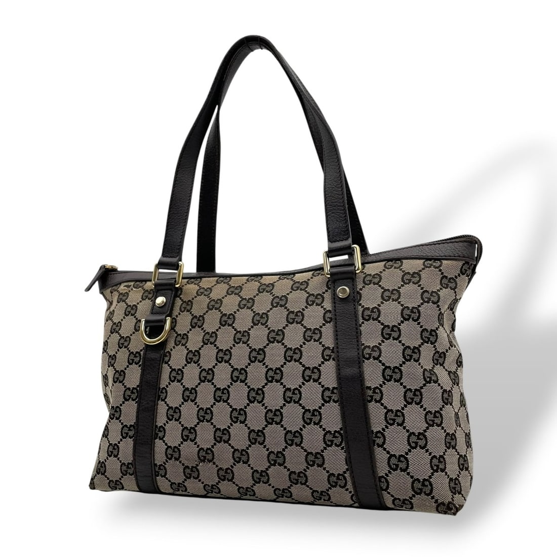 GUCCI GG Canvas Leather Tote Bag Shoulder Bag, Gray/Dark Brown, Gold Hardware, 272399, Women's, D2: --- Catalog ---Category: SizeSize (HxWxD): 25cm x 31cm x 12cm / 9.84'' x 12.2'' x 4.72''Category: DesignType: Shoulder bag, Tote bagColor: Dark brown, GrayGender: WomenMaterial: GG canvas , Leather Ca