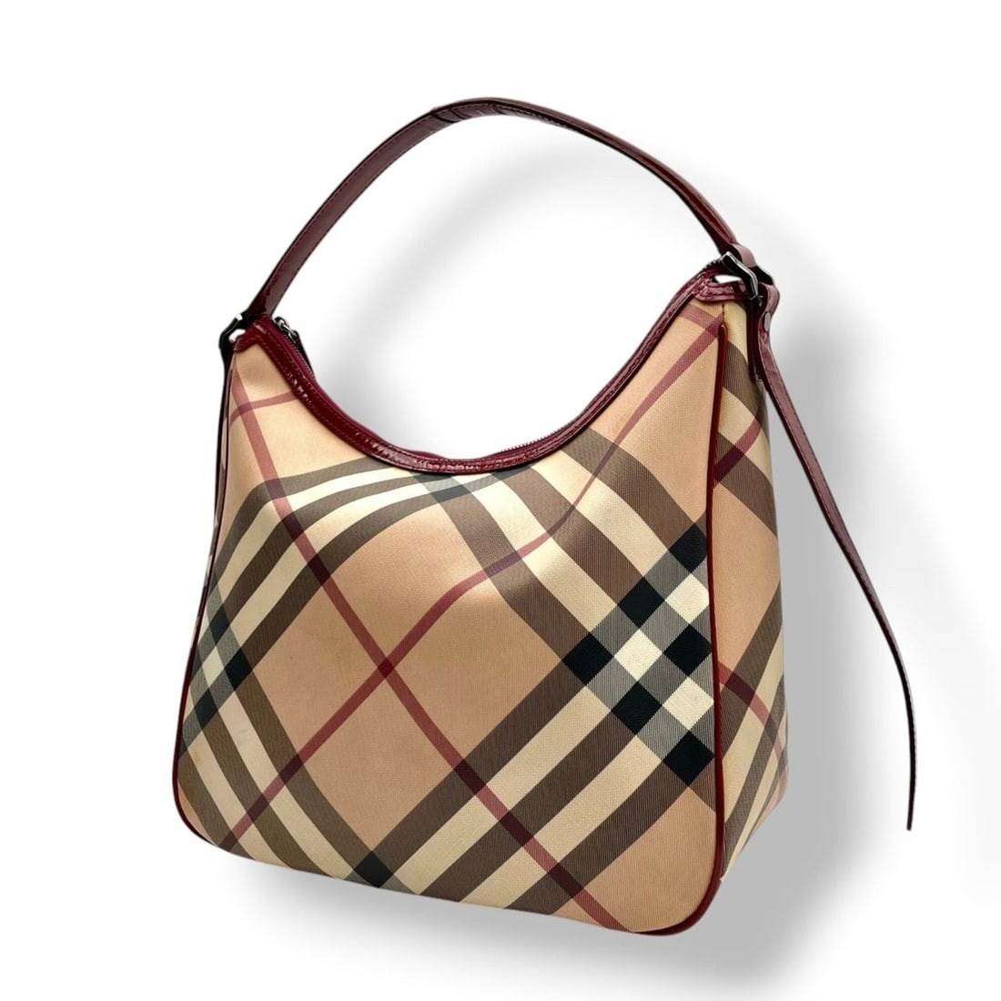 BURBERRY Shoulder Bag Hobo One Nova Check Leather Beige Wine Red Bordeaux Women's S86: --- Catalog ---Category: SizeSize (HxWxD): 32cm x 33cm x 14cm / 12.59'' x 12.99'' x 5.51''Category: DesignType: Shoulder bagColor: Beige, BordeauxGender: WomenMaterial: PVC , Leather Category: General