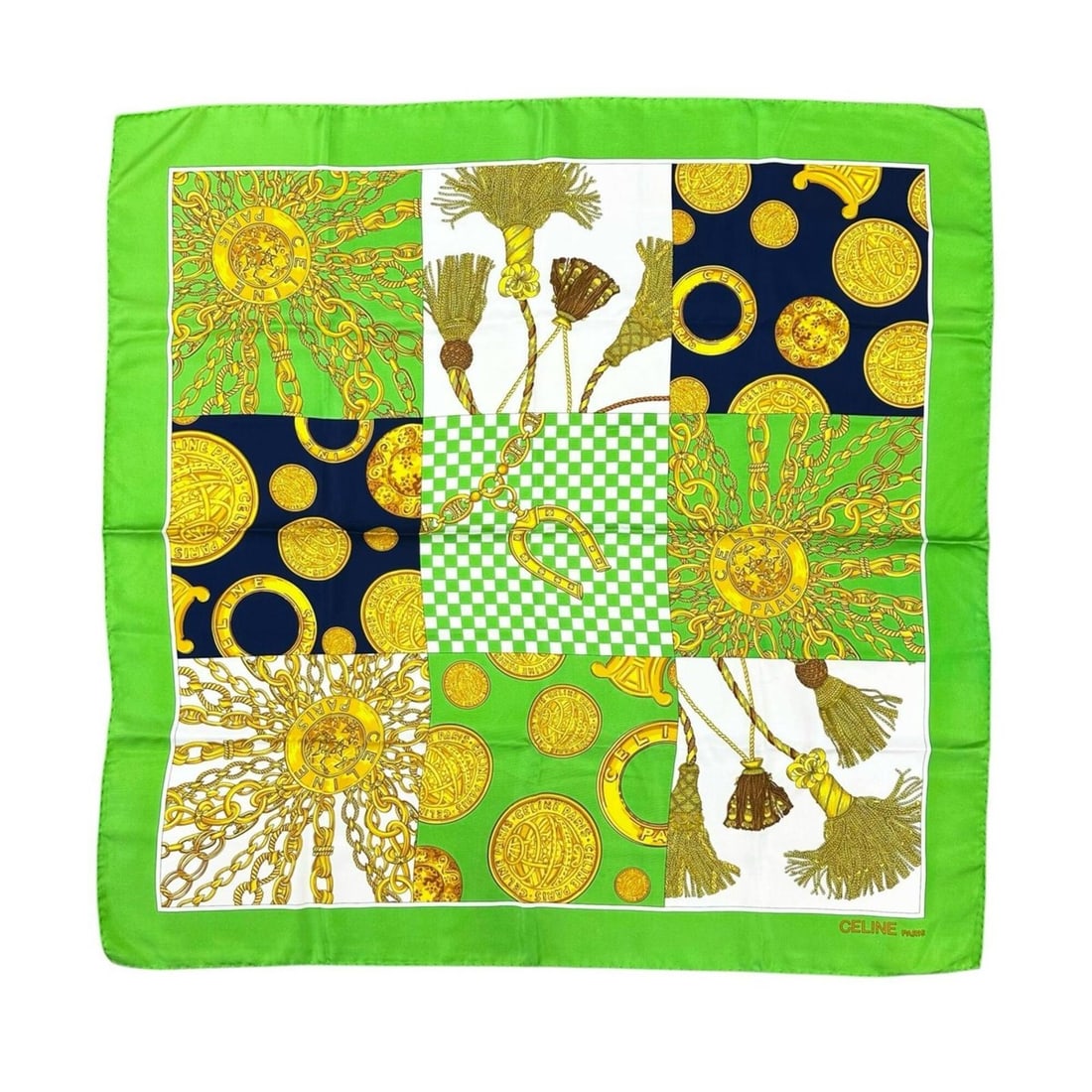 CELINE scarf/muffler, silk, green and gold, for women.: --- Catalog ---Category: SizeSize (LxW): 86cm x 87.8cm / 33.85'' x 34.56''Category: DesignType: ScarfColor: GreenGender: WomenMaterial: Silk Category: GeneralBrand: CelineCountry of Origin: Italy--- I