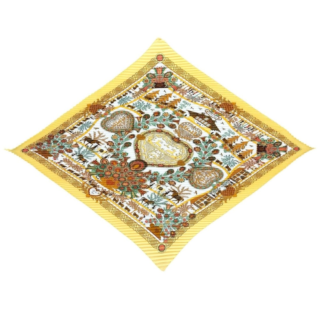 HERMES Hermes Pleated Scarf Decoupages Paper Cutout Scarf/Muffler Silk Yellow White Green Women's: --- Catalog ---Category: SizeSize (LxW): 37.29cm x 1.24m / 14.68'' x 48.81''Category: DesignType: ScarfColor: Green, White, YellowGender: WomenMaterial: Silk Category: GeneralBrand: HermesCountry of O