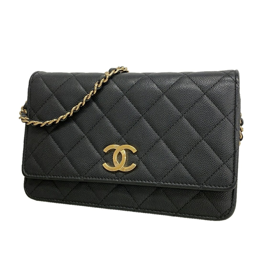 Chanel Matelassé Chain Shoulder Wallet, Caviar Leather, Black/Champagne, Women's, OP023562: --- Catalog ---Category: SizeSize (HxWxD): 12.5cm x 19cm x 4cm / 4.92'' x 7.48'' x 1.57''Category: DesignType: Chain/Shoulder walletColor: BlackGender: WomenMaterial: Grained Calfskin Category: Genera
