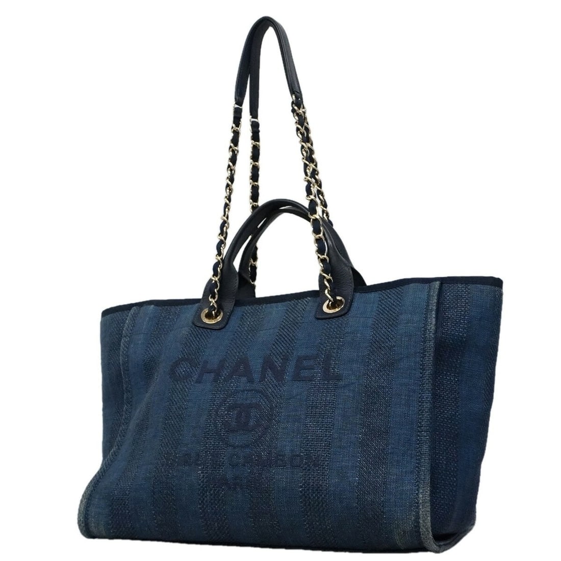 Chanel Deauville Tweed Chain Tote Bag, Navy Champagne, 2-way bag for women, OP020525: --- Catalog ---Category: SizeSize (HxWxD): 31cm x 39cm x 20cm / 12.2'' x 15.35'' x 7.87''Category: DesignType: Tote bagColor: NavyGender: WomenMaterial: Tweed Hardware Color: Champagne goldCategory: G