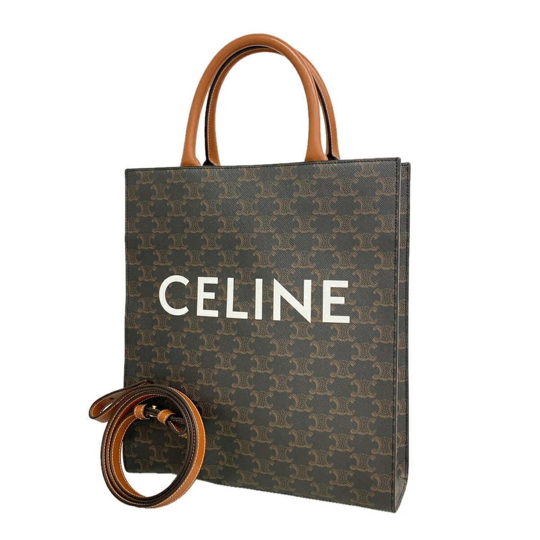 Celine Triomphe Vertical Cabas Tote Bag, Brown, 2-way bag for women, P3501176: --- Catalog ---Category: SizeSize (HxWxD): 33cm x 28cm x 8cm / 12.99'' x 11.02'' x 3.14''Category: DesignType: Tote bagColor: BrownGender: WomenMaterial: PVC Hardware Color: GoldCategory: GeneralBrand