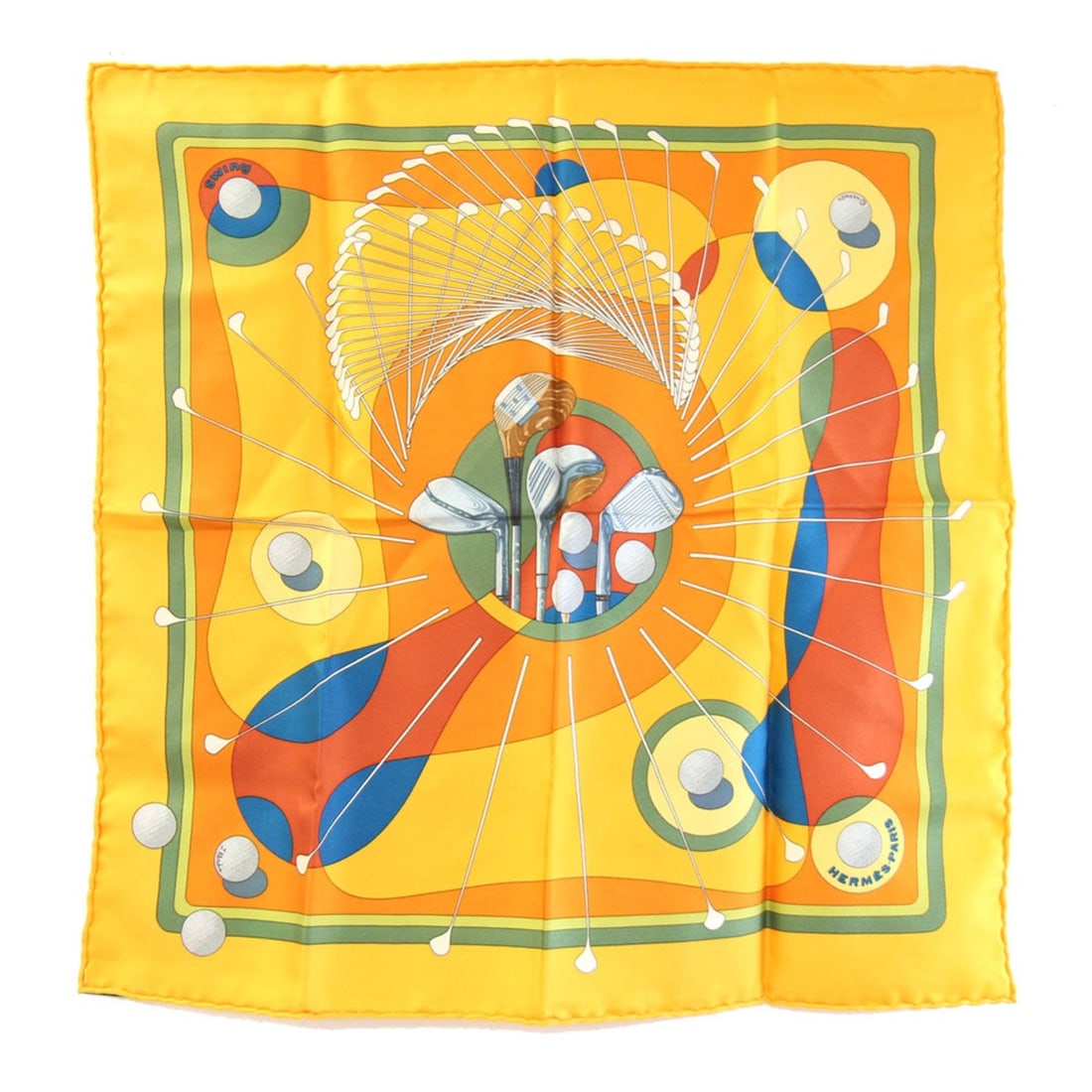 Hermes Scarf/Muffler, Carre 42 SWING, Orange, 100% Silk, Petit Mini Stole, Golf Pattern, Women's: --- Catalog ---Category: SizeSize (LxW): 41.5cm x 42cm / 16.33'' x 16.53''Category: DesignType: ScarfColor: OrangeGender: WomenMaterial: Silk 100%Category: GeneralBrand: HermesCountry of Origin: Franc