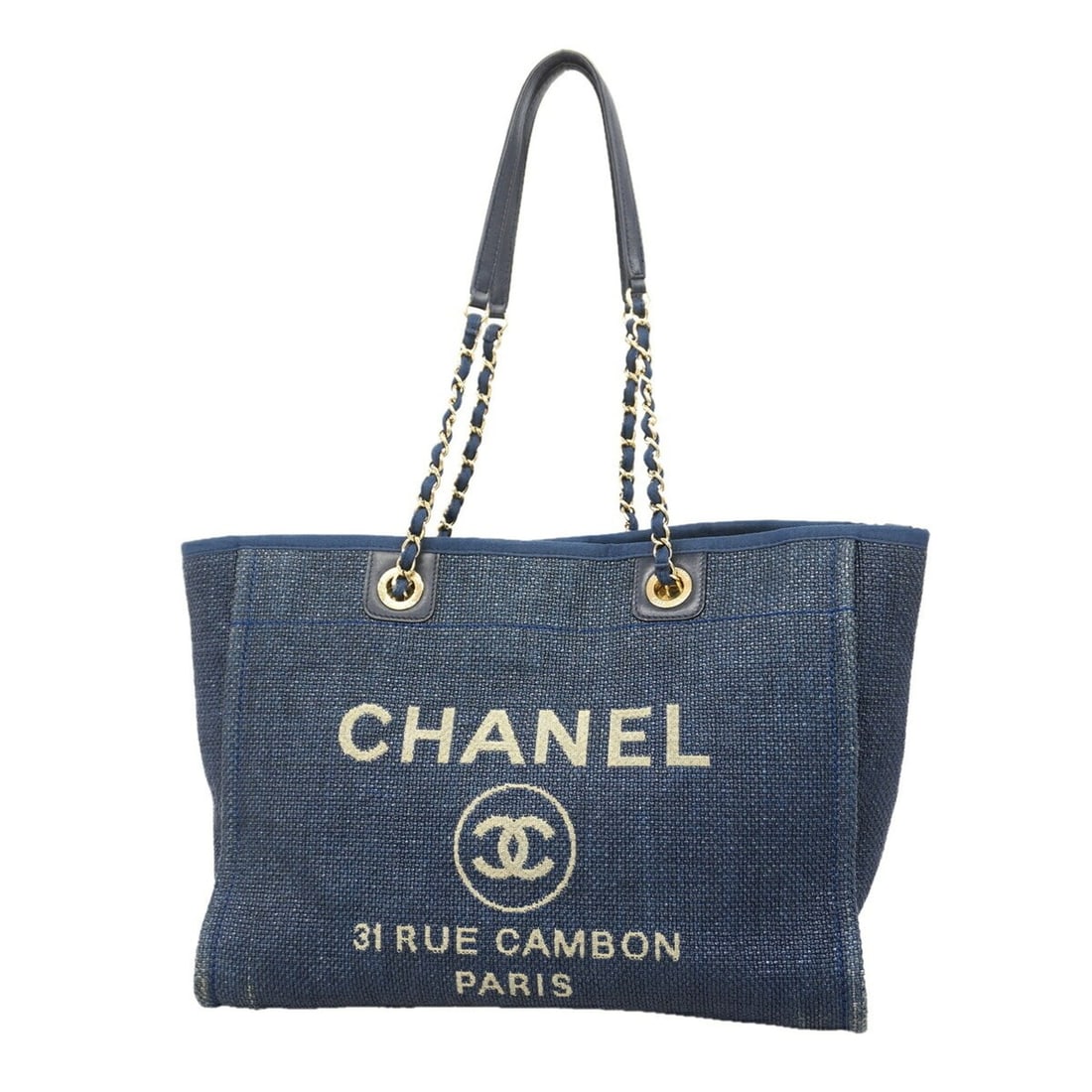 Chanel Deauville Straw Chain Tote Bag, Navy Champagne, Women's (1 of 20)