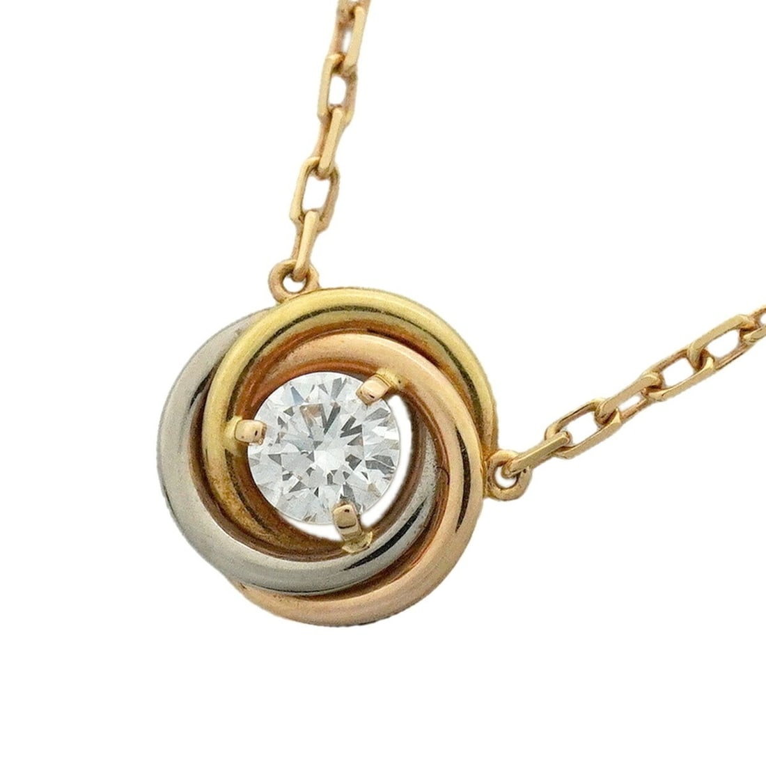 Cartier Trinity Necklace, 1PD (1 diamond), available in 18K Yellow Gold (KYG), White (18KWG), and: --- Catalog ---Category: SizePendant Size: 8.4mm x 8.6mm / 0.33'' x 0.33''Neck Circumference: 42 cm - 45 cm / 16.53'' - 17.71''Category: DesignStone: DiamondGender: WomenMaterial: Pink gold (18K), Whi