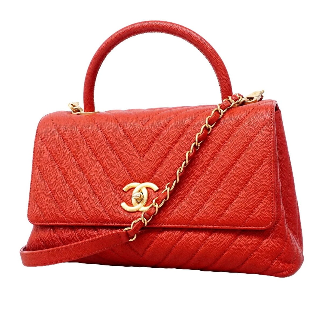 Chanel handbag, chain shoulder bag, Coco handle, caviar leather, red, 2-way bag for women: --- Catalog ---Category: SizeSize (HxWxD): 15cm x 22.5cm x 9cm / 5.9'' x 8.85'' x 3.54''Category: DesignType: HandbagColor: Red colorGender: WomenMaterial: Grained Calfskin Hardware Color: GoldCategor