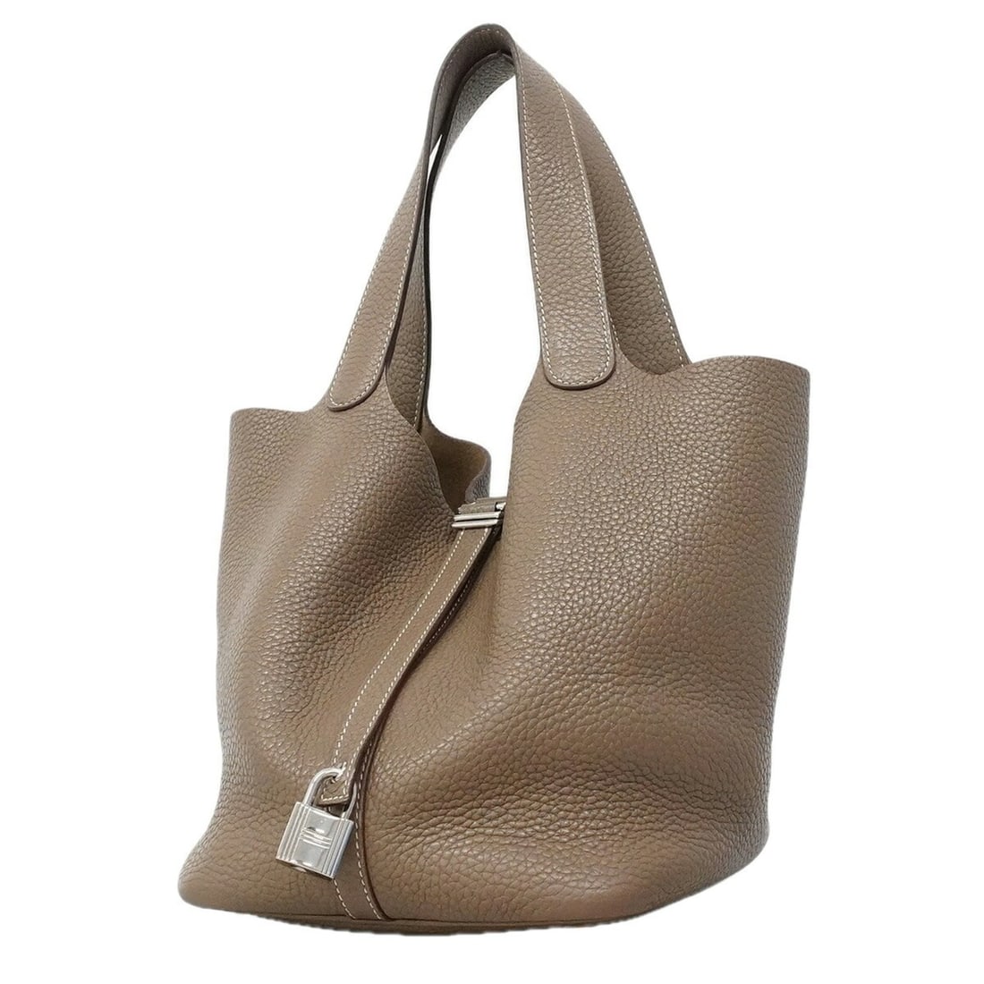 Hermes Picotin Lock MM handbag, Taurillon Clemence leather, Etoupe, ?O stamp, ladies'.: --- Catalog ---Category: SizeSize (HxWxD): 22cm x 17.5cm x 22cm / 8.66'' x 6.88'' x 8.66''Category: DesignType: HandbagColor: Etoupe grayGender: WomenMaterial: Taurillon clemence leather Hardware Colo