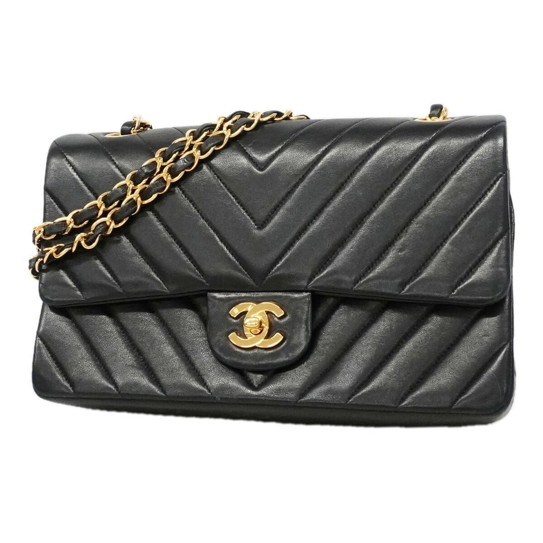 Chanel Shoulder Bag, V-stitch, Double Flap, Chain, Lambskin, Black, Women's (1 of 18)