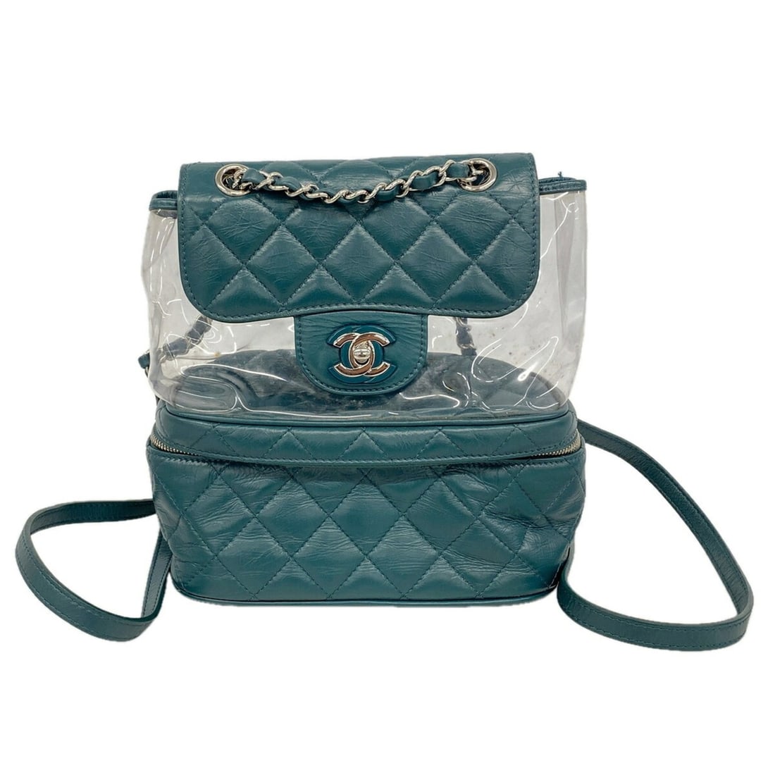 Chanel Matelassé Lambskin Vinyl Backpack, Green, Women's, OP022365: --- Catalog ---Category: SizeSize (HxWxD): 25cm x 21.5cm x 12cm / 9.84'' x 8.46'' x 4.72''Category: DesignType: BackpackColor: GreenGender: WomenMaterial: Leather , Vinyl Hardware Color: SilverLeather