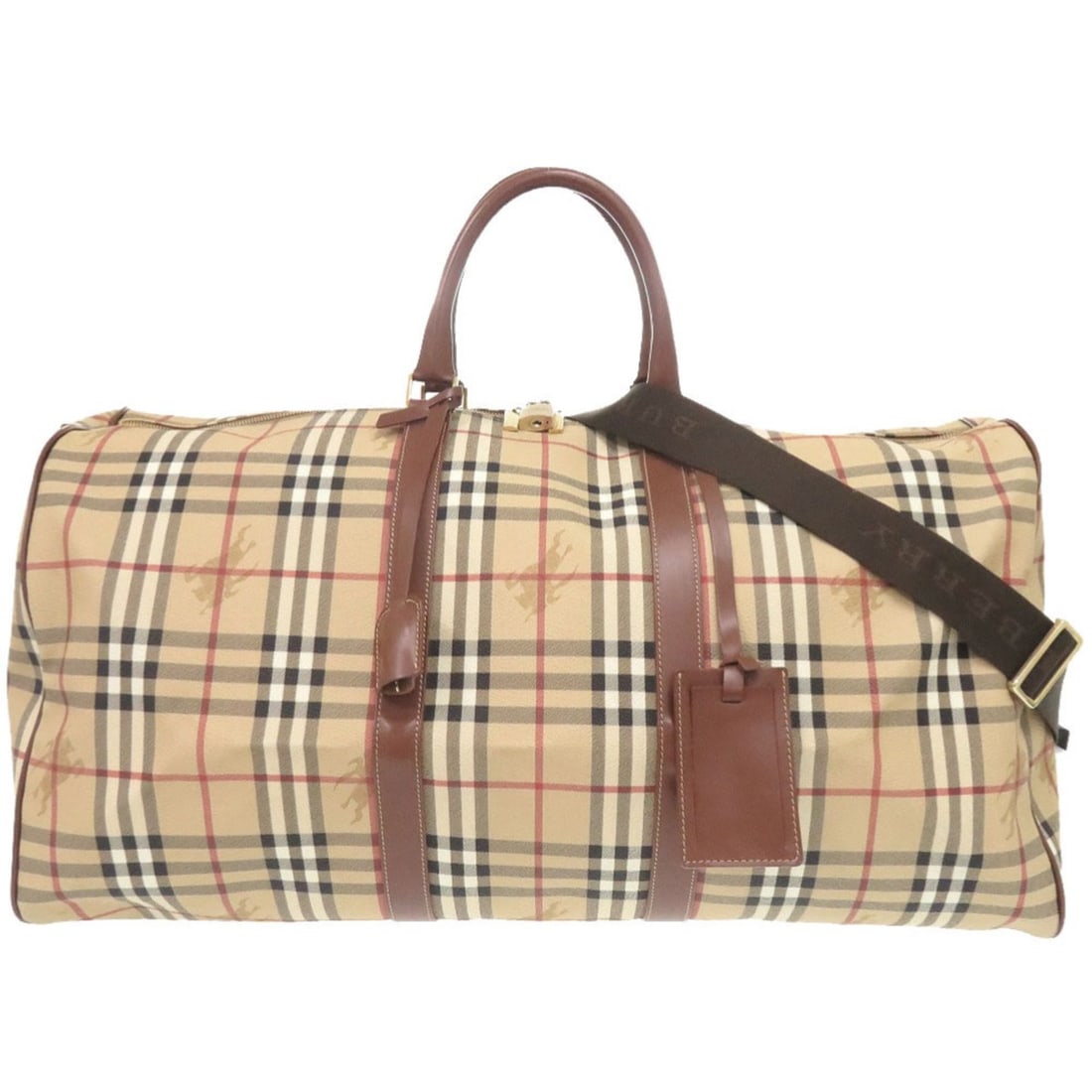 Burberry Check Shadow Horse Leather Beige 2-Way Boston Bag 0221BURBERRY: --- Catalog ---Category: SizeSize (HxWxD): 31cm x 59cm x 25cm / 12.2'' x 23.22'' x 9.84''Category: DesignType: Boston bagColor: BeigeGender: Men,WomenMaterial: PVC , Leather Category: GeneralBrand: Bu