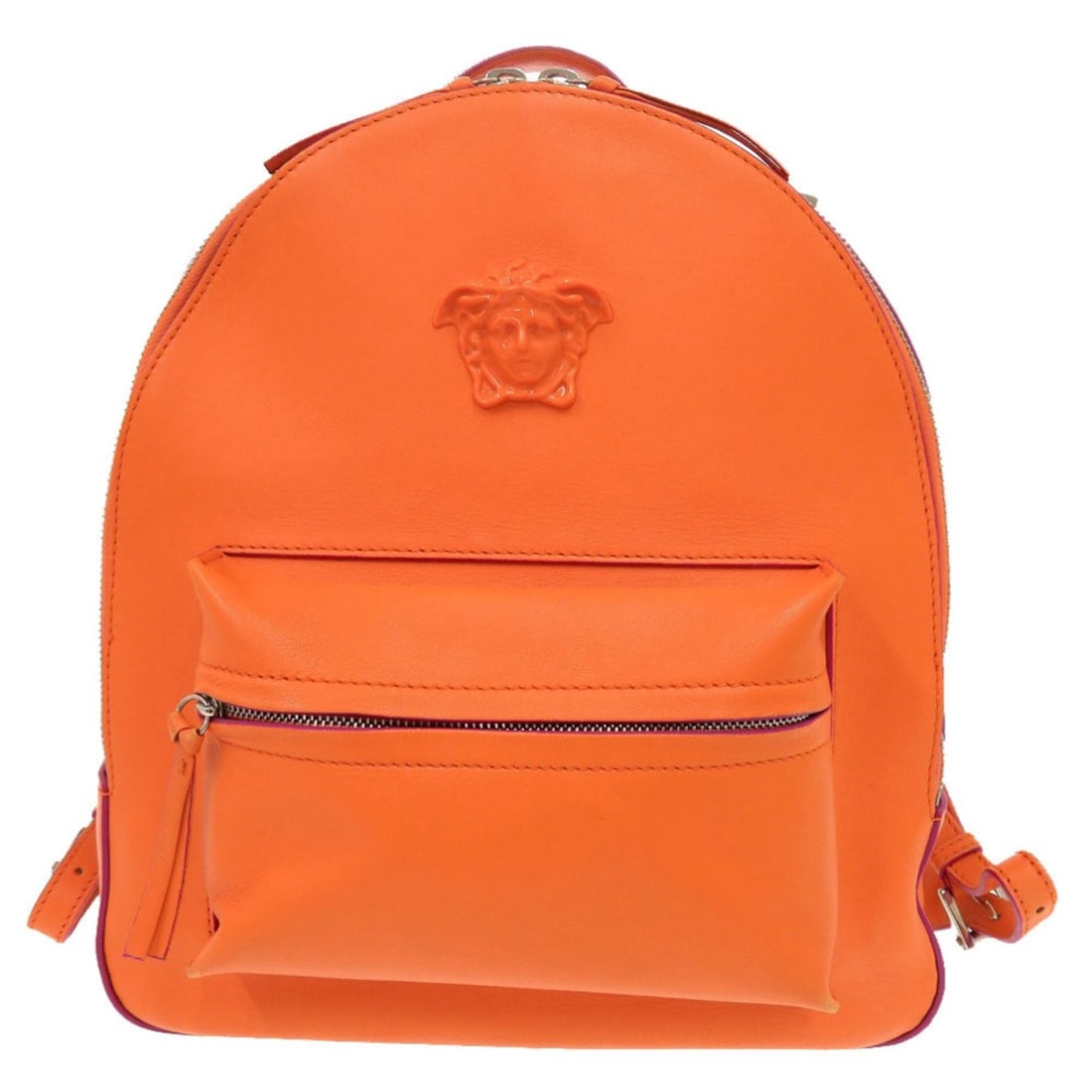 Gianni Versace Medusa Leather Orange Backpack Daypack 0719: --- Catalog ---Category: SizeSize (HxWxD): 29cm x 26cm x 10cm / 11.41'' x 10.23'' x 3.93''Category: DesignType: BackpackColor: OrangeGender: WomenMaterial: Leather Category: GeneralBrand: VersaceCount