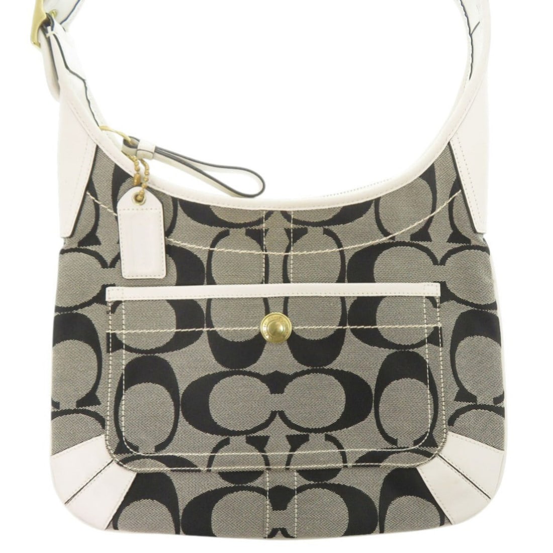 Coach Signature Canvas Leather Grey White Shoulder Bag 0635 COACH: --- Catalog ---Category: SizeSize (HxWxD): 24cm x 32cm / 9.44'' x 12.59''Category: DesignType: Shoulder bagColor: Gray, WhiteGender: WomenMaterial: Canvas , Leather Category: GeneralBrand: CoachCountr