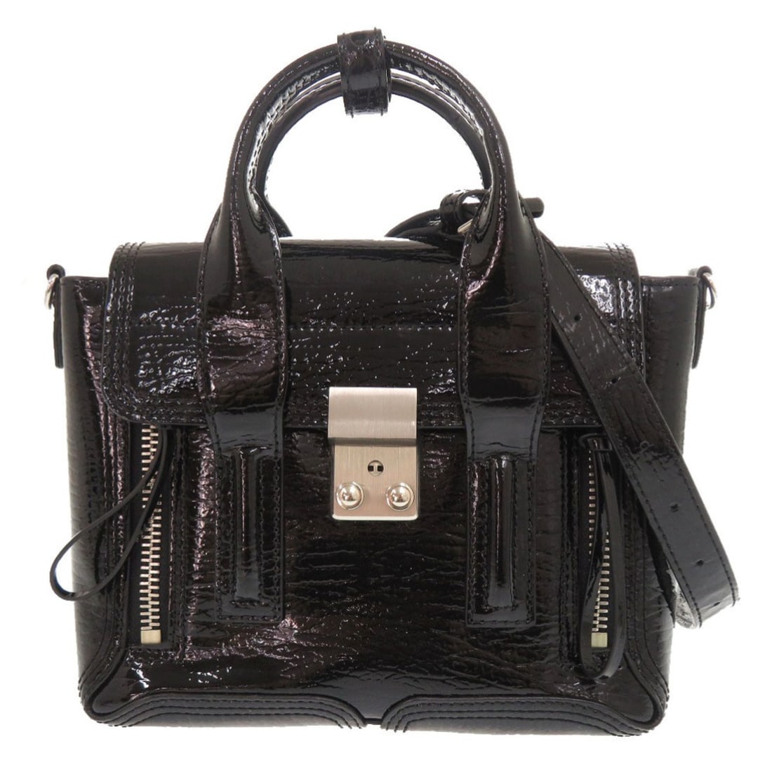 3.1 Phillip Lim PASHLI Patent Leather Black 2-Way Handbag/Shoulder Bag (17983.1): --- Catalog ---Category: SizeSize (HxWxD): 18cm x 24cm x 8cm / 7.08'' x 9.44'' x 3.14''Category: DesignType: Handbag, Shoulder bagColor: BlackGender: WomenMaterial: Patent leather Category: GeneralBra