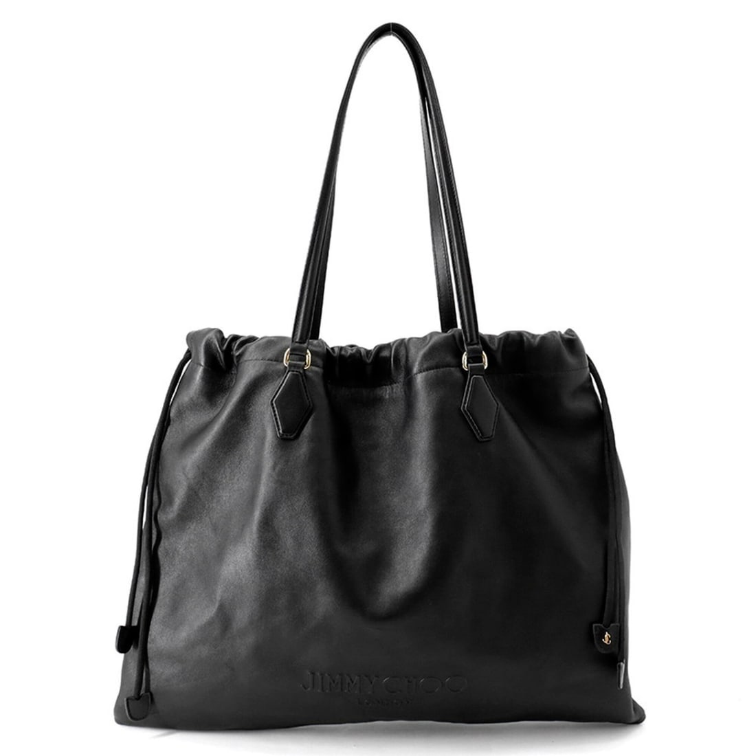 Jimmy Choo shoulder bag, leather, drawstring, JIMMY CHOO handbag, black, Choo,: --- Catalog ---Category: SizeSize (HxWxD): 41cm x 51cm x 2cm / 16.14'' x 20.07'' x 0.78''Category: DesignType: Handbag, Shoulder bagColor: BlackGender: WomenMaterial: Leather Hardware Color: SilverCat
