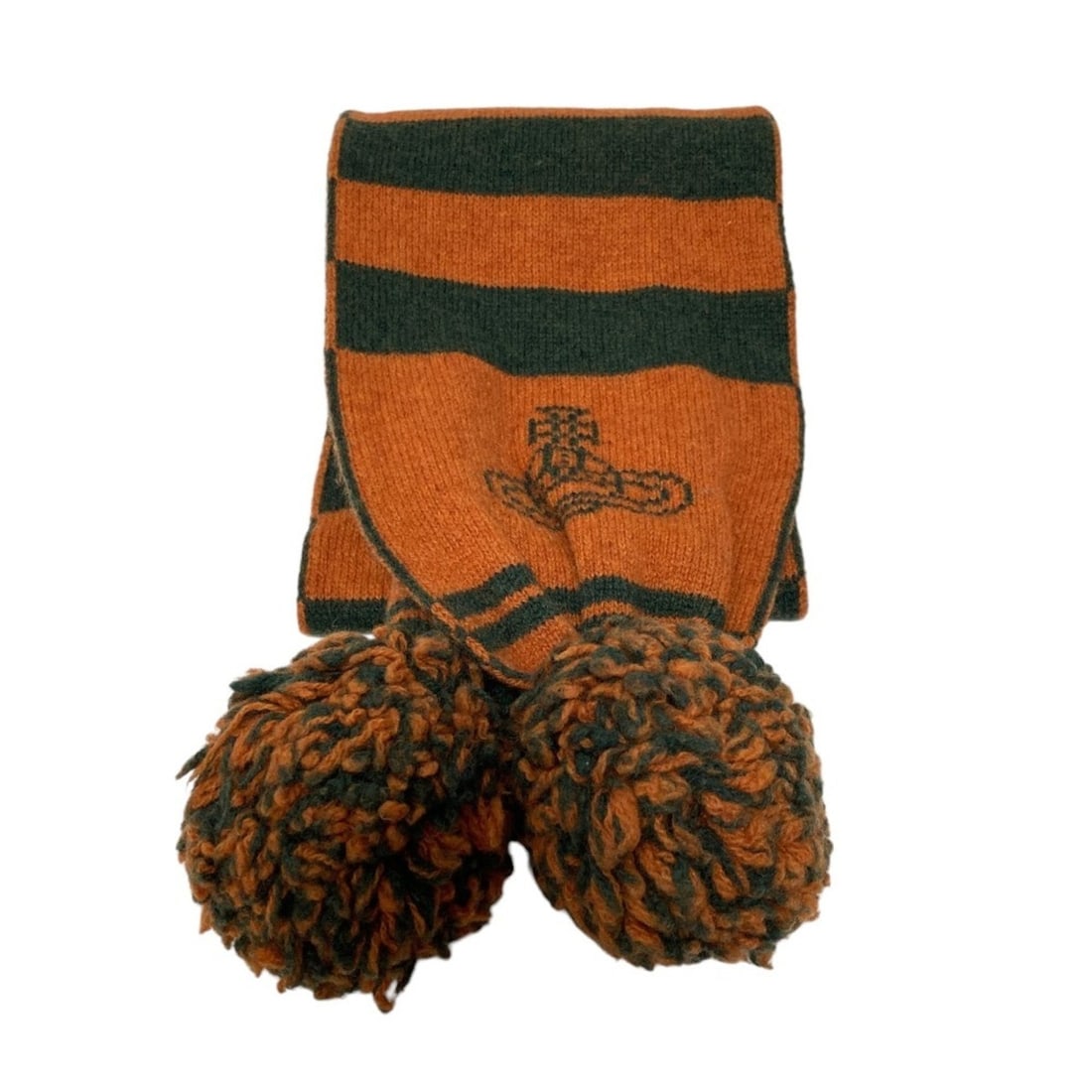 Vivienne Westwood striped scarf with pom-poms, orange and khaki, for men women.: --- Catalog ---Category: SizeSize (LxW): 1.58m x 18cm / 62.2'' x 7.08''Category: DesignColor: Khaki, OrangeGender: Men,WomenMaterial: Wool Category: GeneralBrand: Vivienne Westwood--- Item List ---Sec