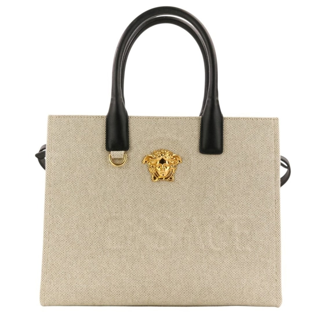 VERSACE La Medusa Canvas 2-Way Handbag/Tote Bag 1005861 (Natural/Black) - Men's & Women's: --- Catalog ---Category: SizeSize (HxWxD): 23cm x 29.5cm x 13cm / 9.05'' x 11.61'' x 5.11''Category: DesignType: Handbag, Tote bagColor: BlackGender: Men,WomenMaterial: Cotton Category: GeneralBrand: 