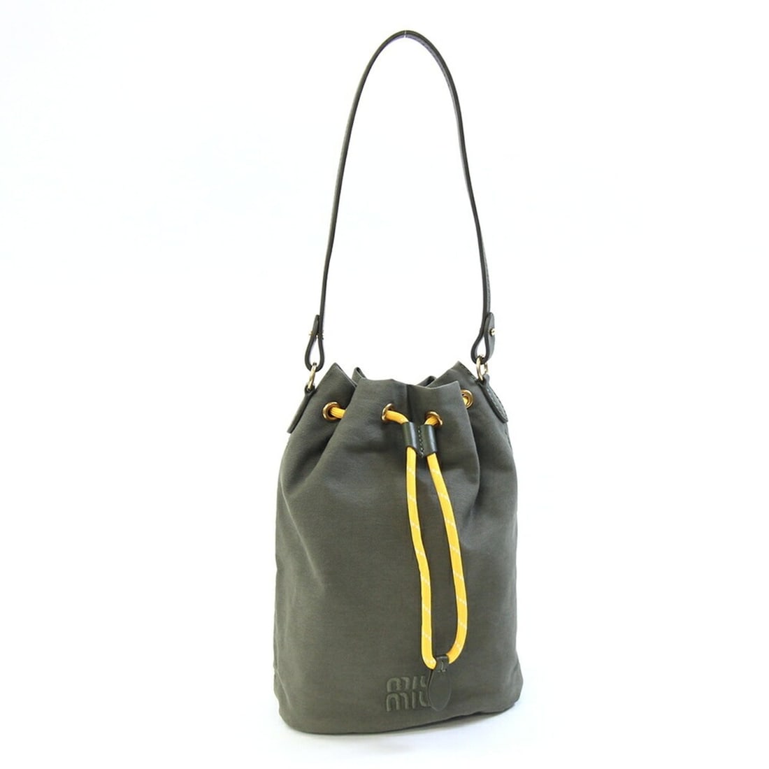 Miu Miu Miu Gabardine Handbag 5NR038 Khaki Yellow Canvas Leather Pouch Bucket Bag Embroidered: --- Catalog ---Category: SizeSize (HxWxD): 23cm x 15.5cm x 10.5cm / 9.05'' x 6.1'' x 4.13''Handle Length: 44cm / 17.32''Category: DesignType: HandbagColor: Green, Khaki, YellowGender: WomenMaterial: C