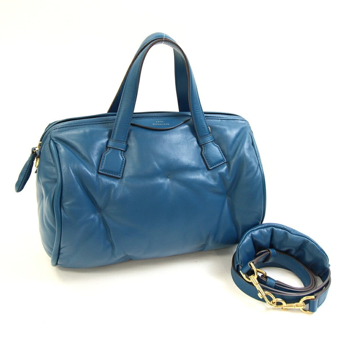 Anya Hindmarch Chubby Barrel Blue Leather Crossbody Mini Boston Bag for Women: --- Catalog ---Category: SizeSize (HxWxD): 21cm x 29.5cm x 18cm / 8.26'' x 11.61'' x 7.08''Strap Length: 118cm - 133cm / 46.45'' - 52.36''Category: DesignType: HandbagColor: BlueGender: WomenMaterial: