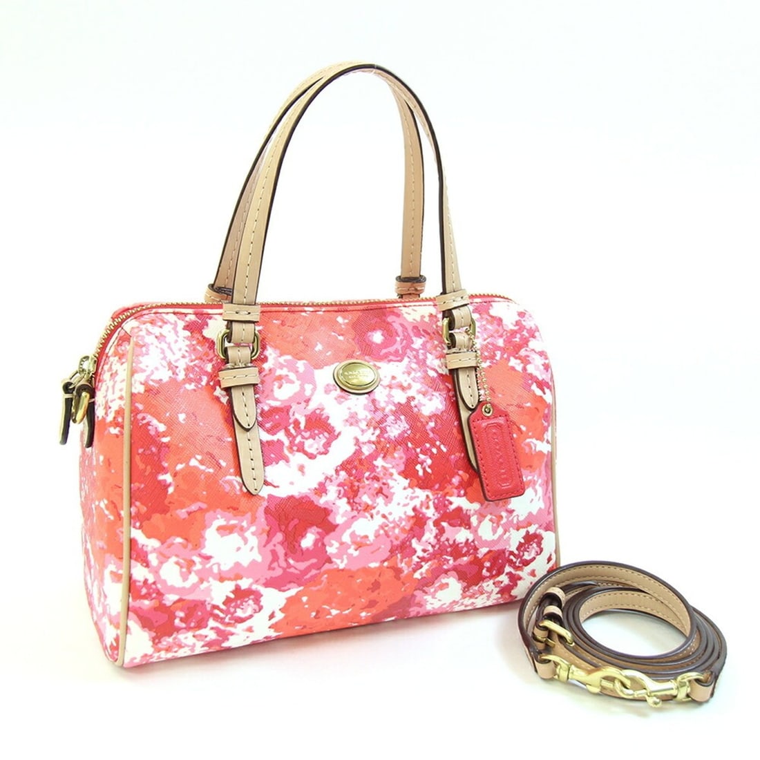 Coach handbag, red and beige leather, mini Boston shoulder bag, floral pattern, women's.: --- Catalog ---Category: SizeSize (HxWxD): 18cm x 23.5cm x 10.5cm / 7.08'' x 9.25'' x 4.13''Strap Length: 112cm - 126cm / 44.09'' - 49.6''Category: DesignType: Handbag, Shoulder bagColor: Beige, Red c