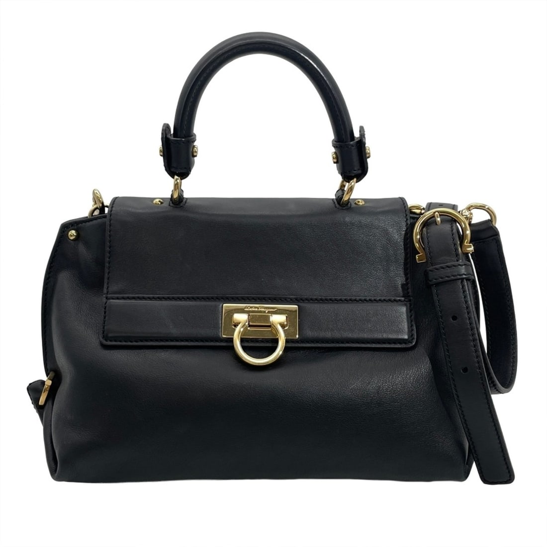 Salvatore Ferragamo Ferragamo Gancini Handbag, 2-Way Leather Shoulder Bag: --- Catalog ---Category: SizeSize (HxWxD): 17cm x 24cm x 13cm / 6.69'' x 9.44'' x 5.11''Category: DesignType: HandbagColor: BlackGender: WomenMaterial: Leather Category: GeneralBrand: Salvatore Ferrag