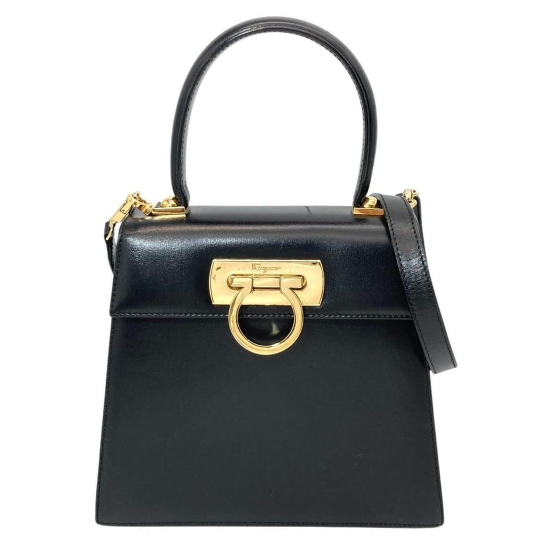 Salvatore Ferragamo Ferragamo Gancini Handbag, 2-Way, Leather, AQ-212193, Black with Gold Hardware,: --- Catalog ---Category: SizeSize (HxWxD): 18cm x 20cm x 8.5cm / 7.08'' x 7.87'' x 3.34''Category: DesignType: HandbagColor: BlackGender: WomenMaterial: Leather Category: GeneralBrand: Salvatore Ferra