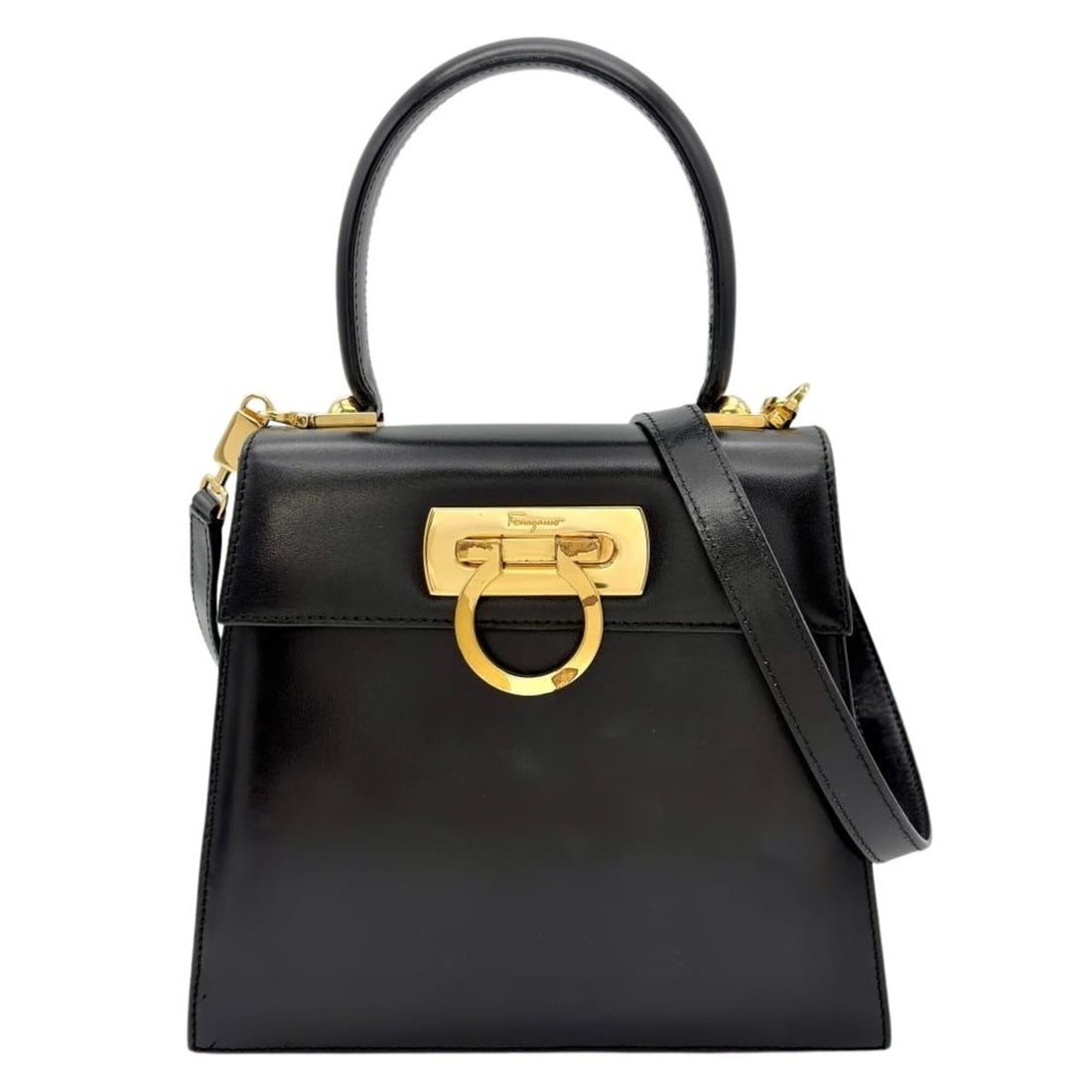 Salvatore Ferragamo Ferragamo Gancini Top Handle Handbag, 2-Way, Leather, AQ-21 2193, Black with: --- Catalog ---Category: SizeSize (HxWxD): 18cm x 20cm x 8.5cm / 7.08'' x 7.87'' x 3.34''Category: DesignType: HandbagColor: BlackGender: WomenMaterial: Leather Category: GeneralBrand: Salvatore Ferra