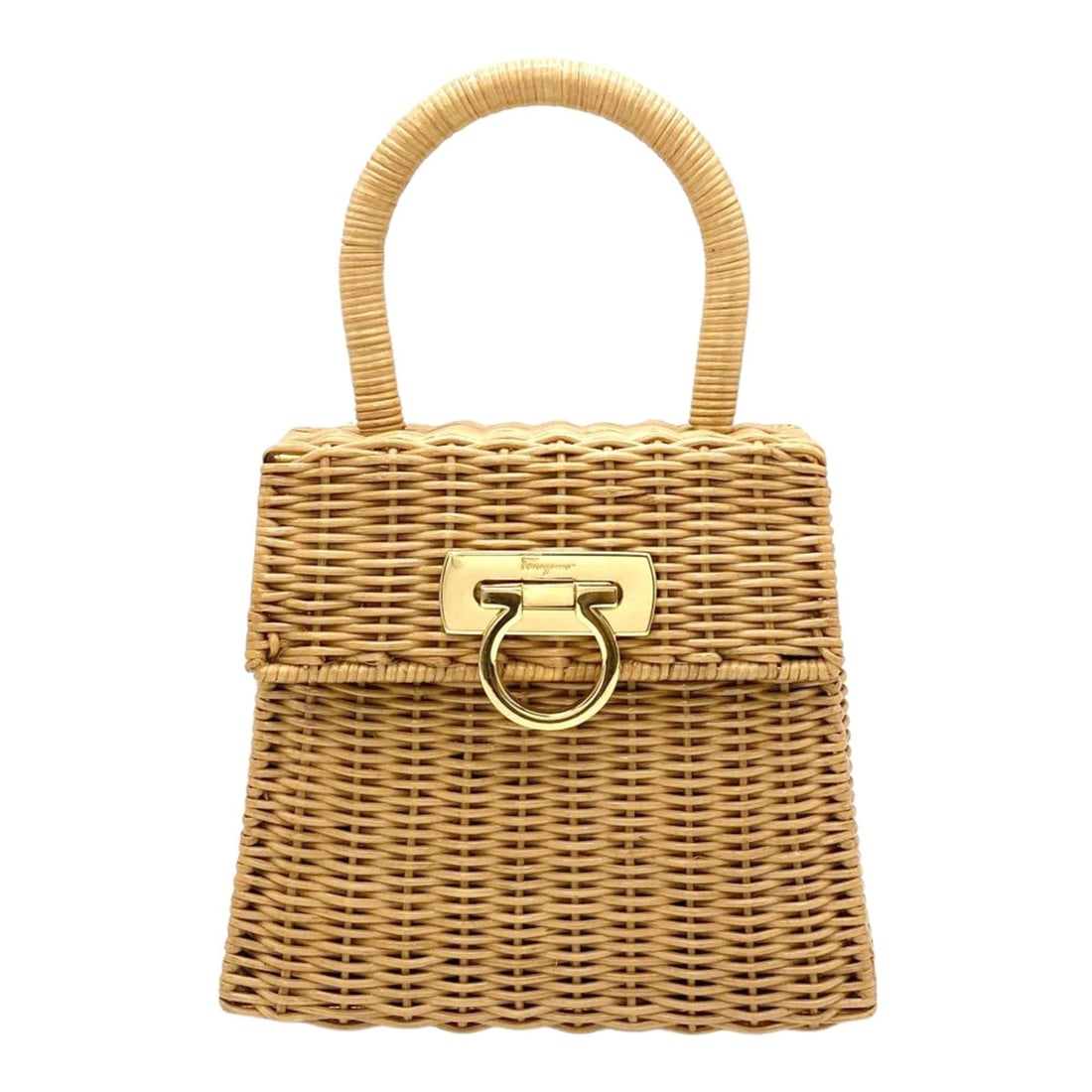 Salvatore Ferragamo Ferragamo Gancini Iconic Top Handle Basket Bag Handbag, Rattan, Beige, Gold: --- Catalog ---Category: SizeSize (HxWxD): 17.5cm x 20cm x 11cm / 6.88'' x 7.87'' x 4.33''Category: DesignType: HandbagColor: BeigeGender: WomenMaterial: Wisteria vine Category: GeneralBrand: Salvator