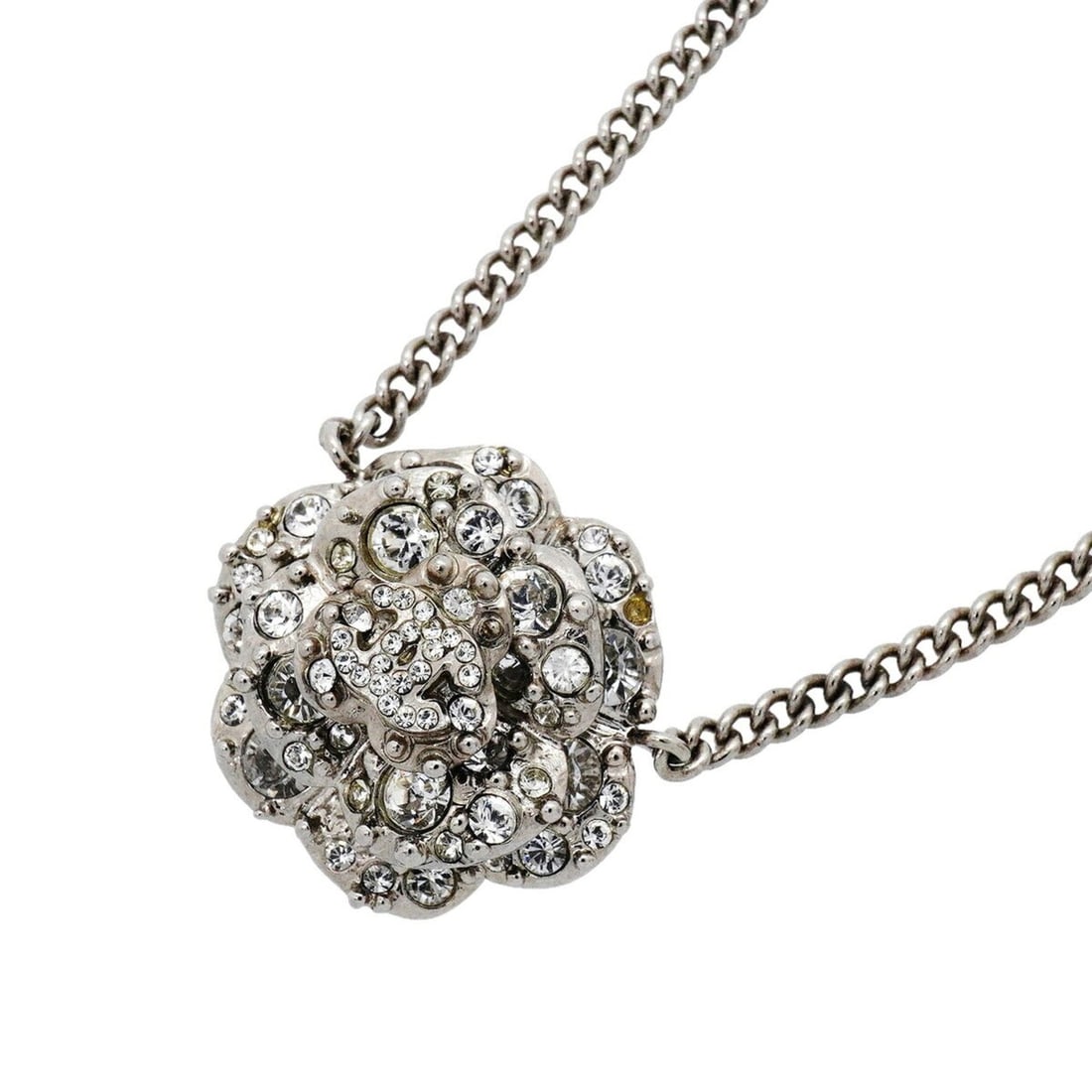 Chanel Necklace, Coco Mark, Camellia, Metal, Rhinestone, Silver, Women's, OP017967: --- Catalog ---Category: SizePendant Size: 23.8mm x 26.1mm / 0.93'' x 1.02''Neck Circumference: 42 cm / 16.53''Category: DesignColor: SilverGender: WomenMaterial: Metal, RhinestoneNecklace Type: Neckl