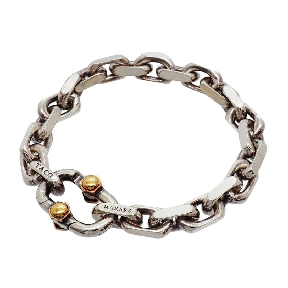 Tiffany & Co. Makers Wide Bracelet, 18K Yellow Gold (KYG), Sterling Silver 925, for Men and Women: --- Catalog ---Category: SizeLength: 17.5cm / 6.88''Category: DesignType: Charm braceletGender: Men,WomenMaterial: Silver 925, Yellow gold (18K)Category: GeneralBrand: Tiffany--- Item List ---Section: