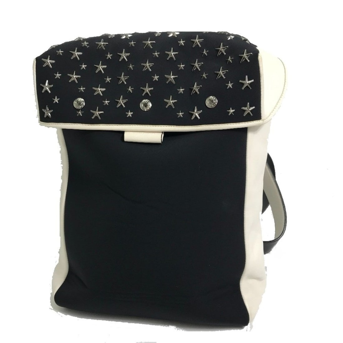 JIMMY CHOO Two-tone Star Studded Leather Backpack for Women, Black x White: --- Catalog ---Category: SizeSize (HxWxD): 35cm x 25.5cm x 10cm / 13.77'' x 10.03'' x 3.93''Category: DesignType: BackpackColor: Black, WhiteGender: WomenMaterial: Leather , Jersey Category: GeneralBr