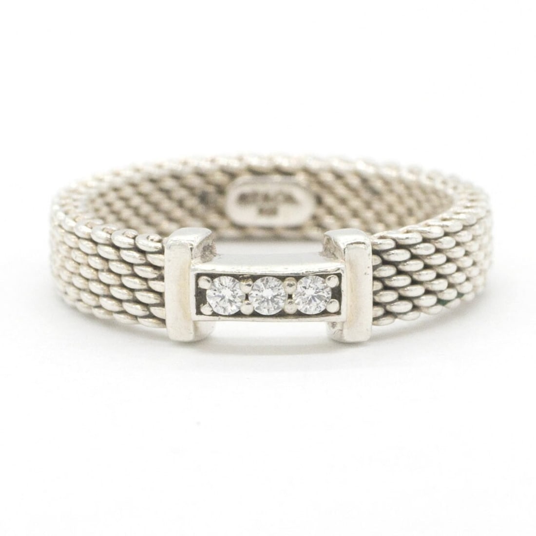 Tiffany & Co. Somerset 3-Diamond Sterling Silver 925 Mesh Ring for Women: --- Catalog ---Category: SizeJP Size: 8US Size: 4.5Category: DesignColor: SilverGender: WomenMaterial: Sterling silver 925Category: GeneralBrand: Tiffany--- Item List ---Section: ConditionRanking: Ran