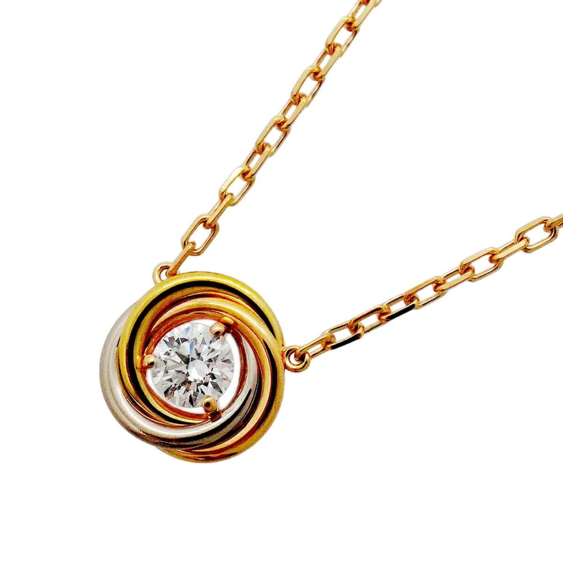 Cartier Trinity Necklace, 1PD (1 diamond), available in 18K Yellow Gold (KYG), White (18KWG), and: --- Catalog ---Category: SizePendant Size: 8.3mm x 8.5mm / 0.32'' x 0.33''Neck Circumference: 38 cm - 41.5 cm / 14.96'' - 16.33''Category: DesignStone: DiamondGender: WomenMaterial: Pink gold (18K), W