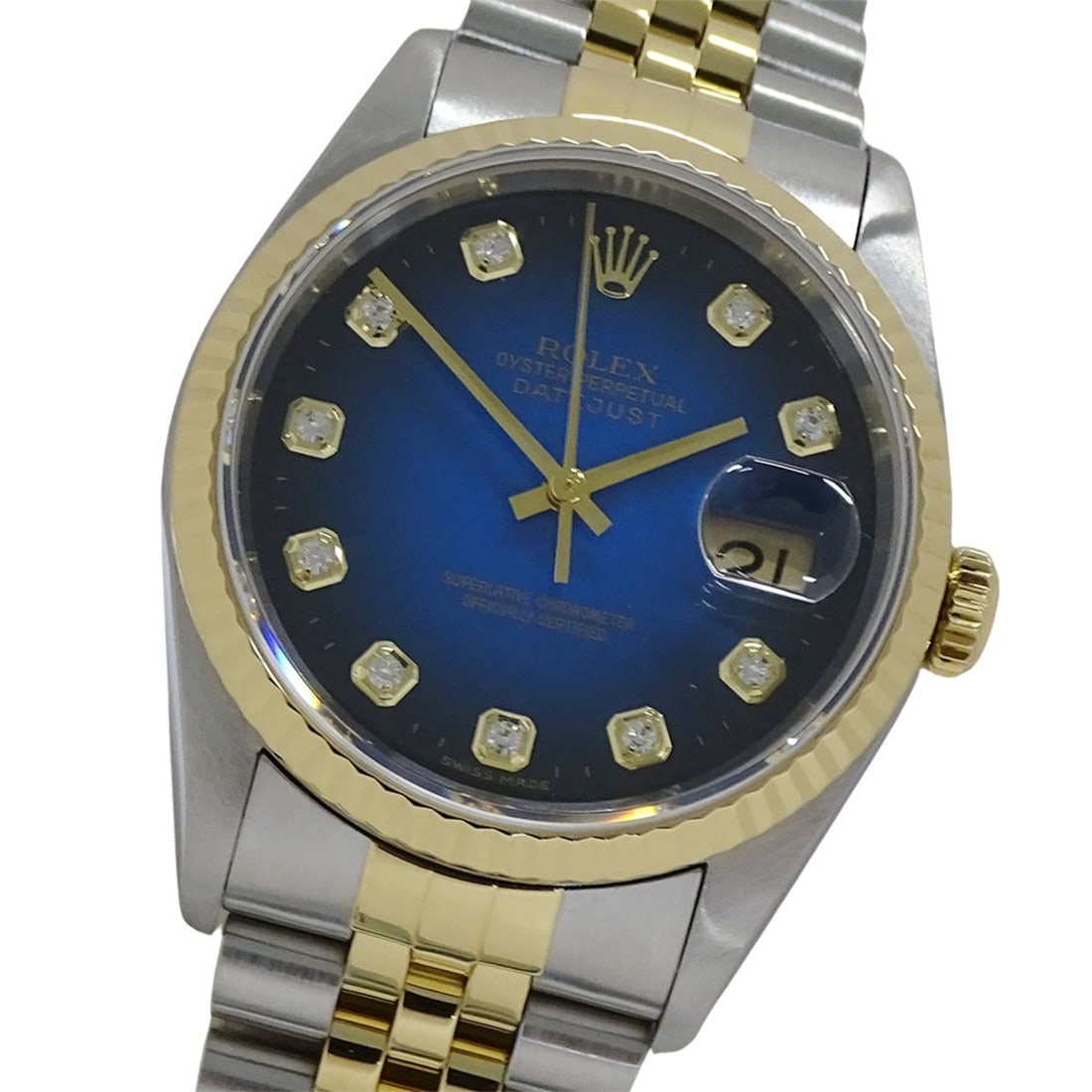 Rolex Datejust 16233G W-serial Men's Watch, Brand Name, 10P Diamonds, Blue Gradient, Automatic: --- Catalog ---Category: SizeWrist Size: 18.5cm / 7.28''Case Diameter: 35mm / 1.38''Category: DesignType: WristwatchGender: MenColor (Dial): Blue gradientMaterial (Band): Stainless steel, Yellow goldM