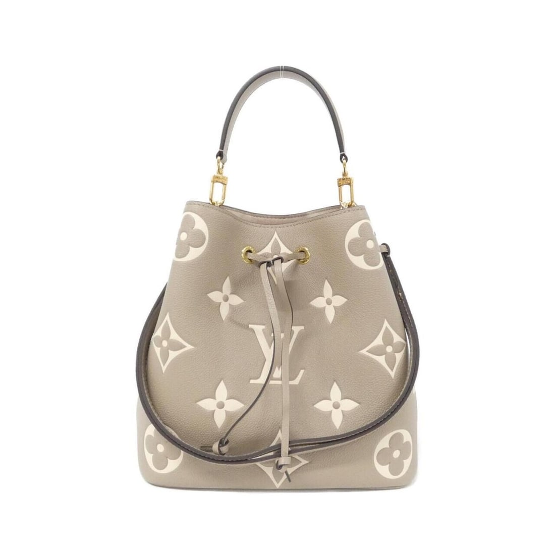 Louis Vuitton Bicolor Monogram Empreinte Neo Noe MM M45555 Shoulder Bag: --- Catalog ---Category: SizeSize (HxWxD): 26cm x 26cm x 17cm / 10.23'' x 10.23'' x 6.69''Category: DesignType: Pouch, Shoulder bagColor: Cream, TourterelleGender: WomenMaterial: Leather Hardware Colo