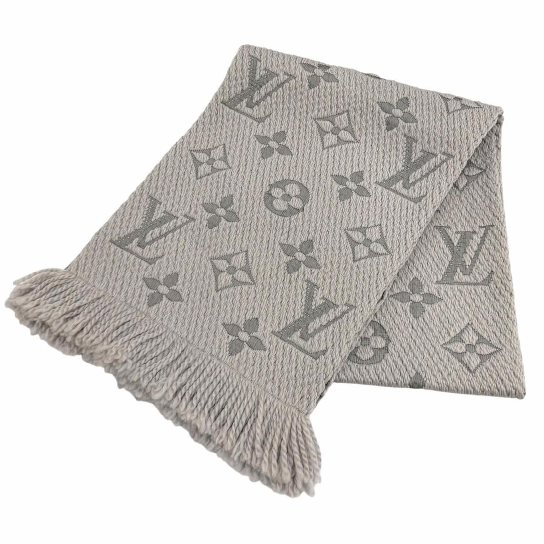 LOUIS VUITTON M74742 Echarpe Logomania Wool Silk Blend Gris Perle Fringe Stole Scarf - Made in Italy: --- Catalog ---Category: SizeSize (LxW): 1.54m x 30cm / 60.62'' x 11.81''Category: DesignType: StoleGender: WomenMaterial: Wool , Silk Category: GeneralBrand: Louis VuittonCountry of Origin: Italy--- 