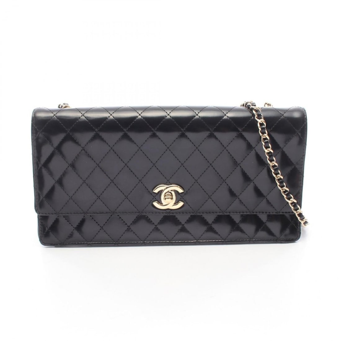 Chanel Matelassé Shoulder Bag/Handbag, Patent Leather, Women's, Black: --- Catalog ---Category: SizeSize (HxWxD): 13cm x 25cm x 8cm / 5.11'' x 9.84'' x 3.14''Strap Length: 113cm / 44.48''Category: DesignType: Handbag, Shoulder bagColor: BlackGender: WomenMaterial: Patent