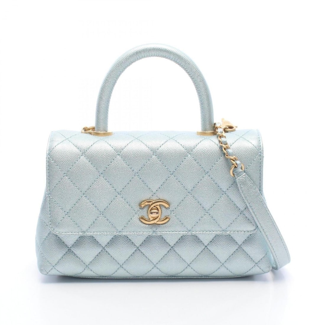 Chanel Coco Handle Flap Matelassé Metallic Handbag, Caviar Leather (Grained Calfskin), Women's,: --- Catalog ---Category: SizeSize (HxWxD): 15cm x 23cm x 9cm / 5.9'' x 9.05'' x 3.54''Category: DesignType: HandbagColor: Blue, MetallicGender: WomenMaterial: Grained Calfskin Category: GeneralMPN: A9