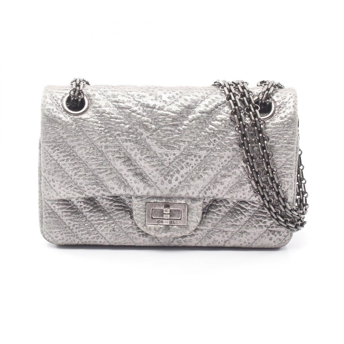 Chanel 2.55 Chevron V-stitch Mini Shoulder Bag Handbag Leather Women's Silver: --- Catalog ---Category: SizeSize (HxWxD): 13cm x 20cm x 7.5cm / 5.11'' x 7.87'' x 2.95''Category: DesignType: Handbag, Shoulder bagColor: SilverGender: WomenMaterial: Leather Category: GeneralBrand: 
