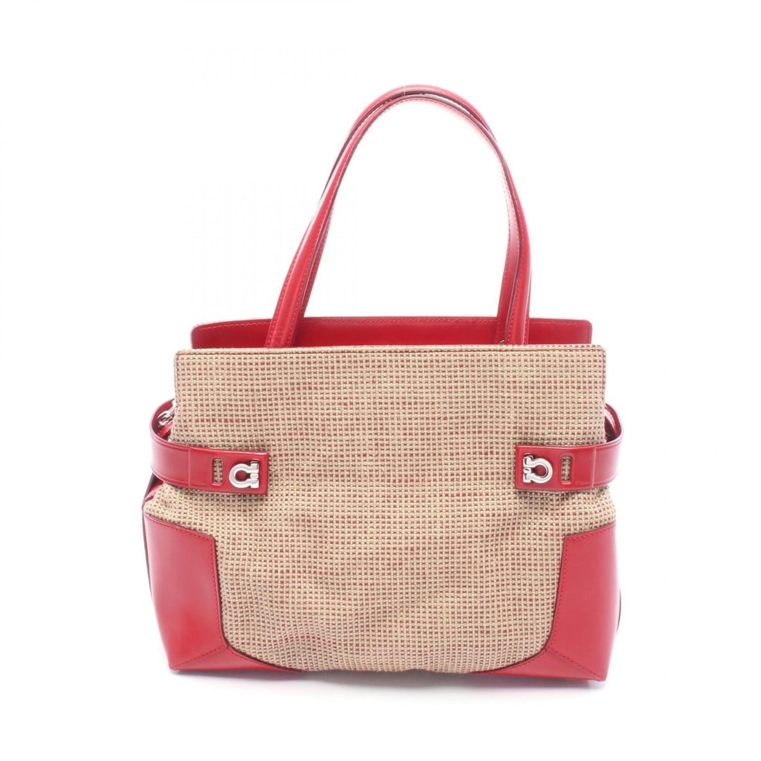 Salvatore Ferragamo Gancini Handbag, Fabric Leather, Women's, Beige/Red, Size 21, 1300: --- Catalog ---Category: SizeSize (HxWxD): 20cm x 25cm x 11.5cm / 7.87'' x 9.84'' x 4.52''Category: DesignType: HandbagColor: Beige, Red colorGender: WomenMaterial: Fabric , Leather Category: GeneralM