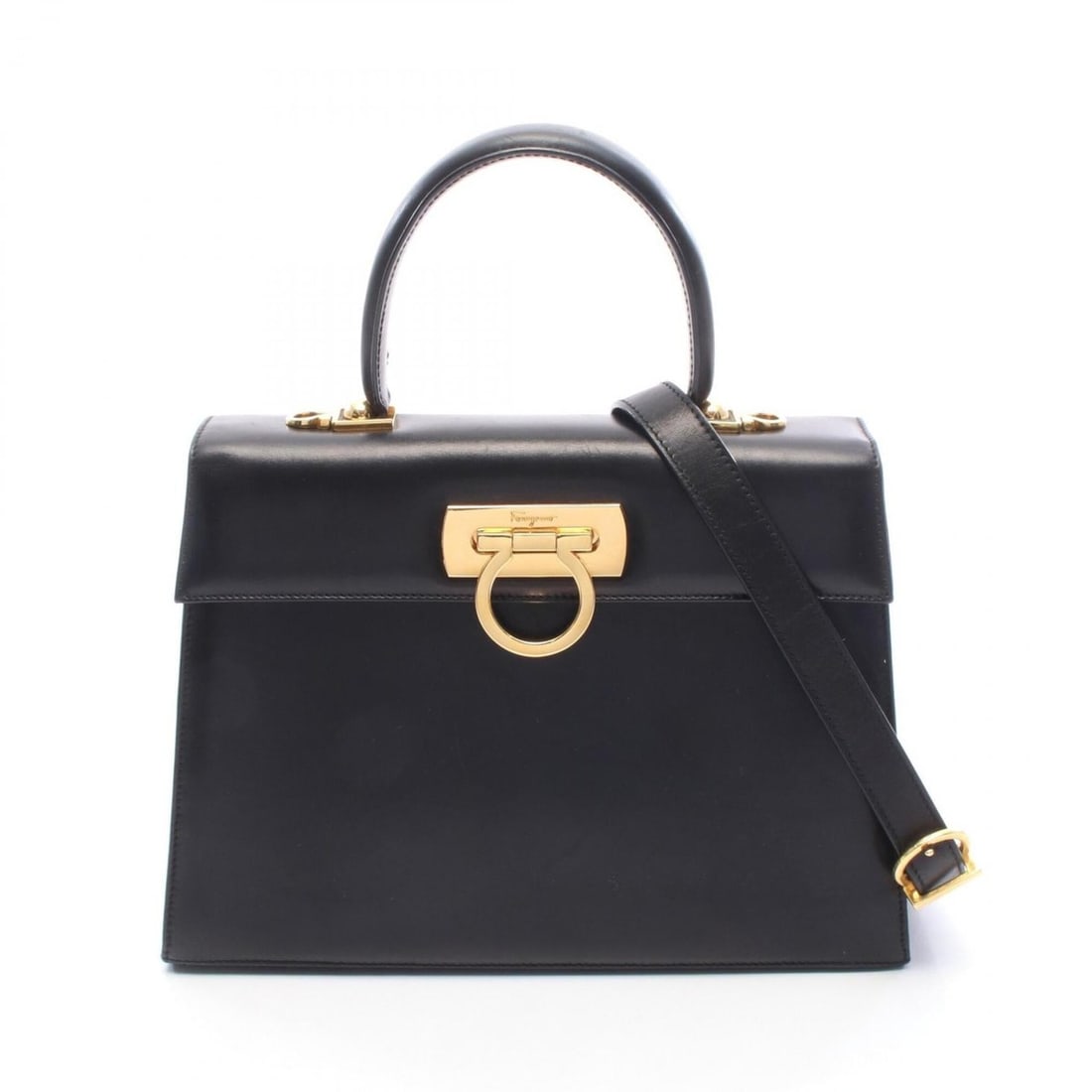 Salvatore Ferragamo Gancini 2-Way Handbag, Leather, Women's, Black, Item No. 21 2181 (1 of 11)