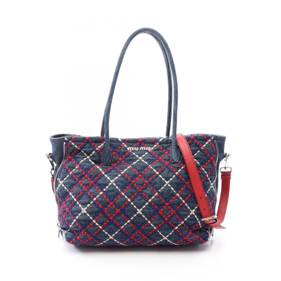Miu Miu Miu DENIM RICAMO TA 2-Way Tote Bag/Handbag - Denim Women's Navy, Red, Multicolor: --- Catalog ---Category: SizeSize (HxWxD): 23cm x 30cm x 14cm / 9.05'' x 11.81'' x 5.51''Category: DesignType: Handbag, Tote bagColor: Multi-color, Navy, Red colorGender: WomenMaterial: Denim Category